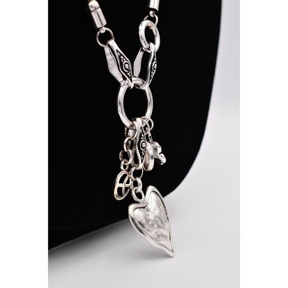 Chunky Charm Pendant Necklace Shiny Silver Tone Ball Heart Hammered Chain Bin2 - Picture 4 of 12